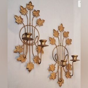 Vintage 15" Goldtone Brass Leaf Double Candle Holder Wall Sconce